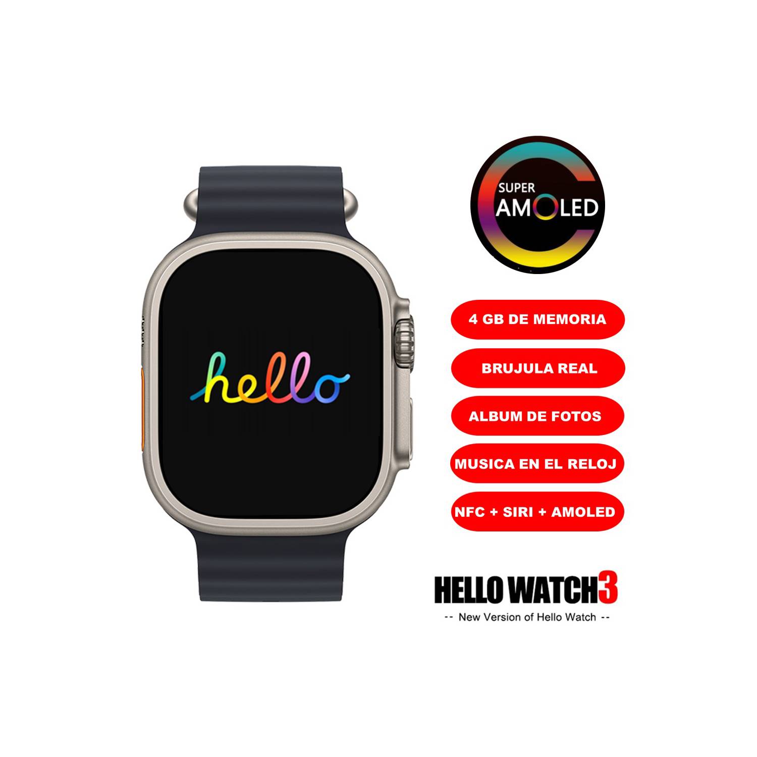 HELLO WATCH 3+ Es un reloj inteligente muy completo, donde puedes almacenar  fotos, música y hasta libros ya que tiene una capacidad de 4gb…